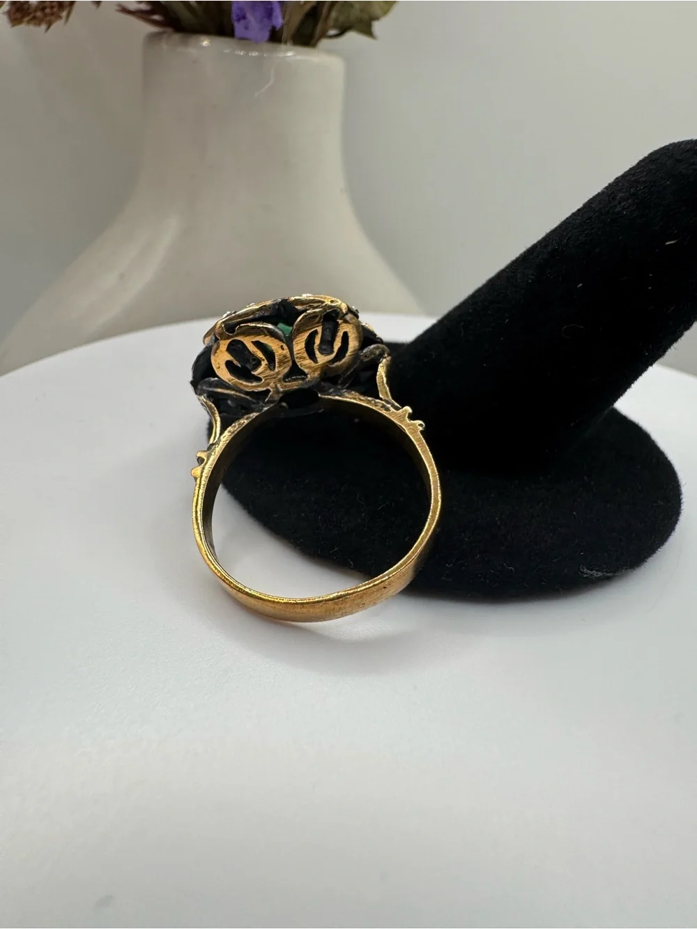 Vintage Floral Cocktail Ring with Green Cabochon & Crystal Accents (Size 8)